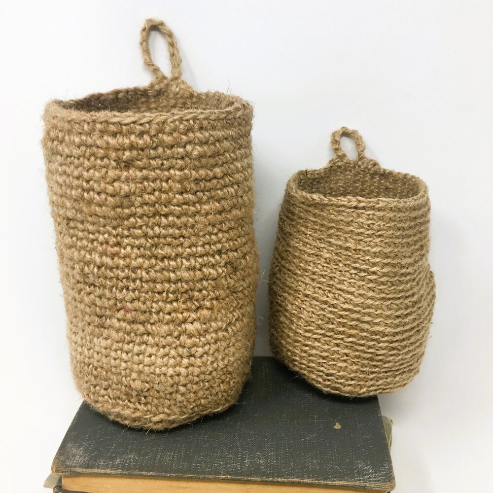 Pair Hand Crocheted Jute Medium and Small Hanging Wall Storage Baskets